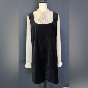 Modcloth Black Velvet Shift Dress w/ Attached Cream Blouse Layered Look | Size L
